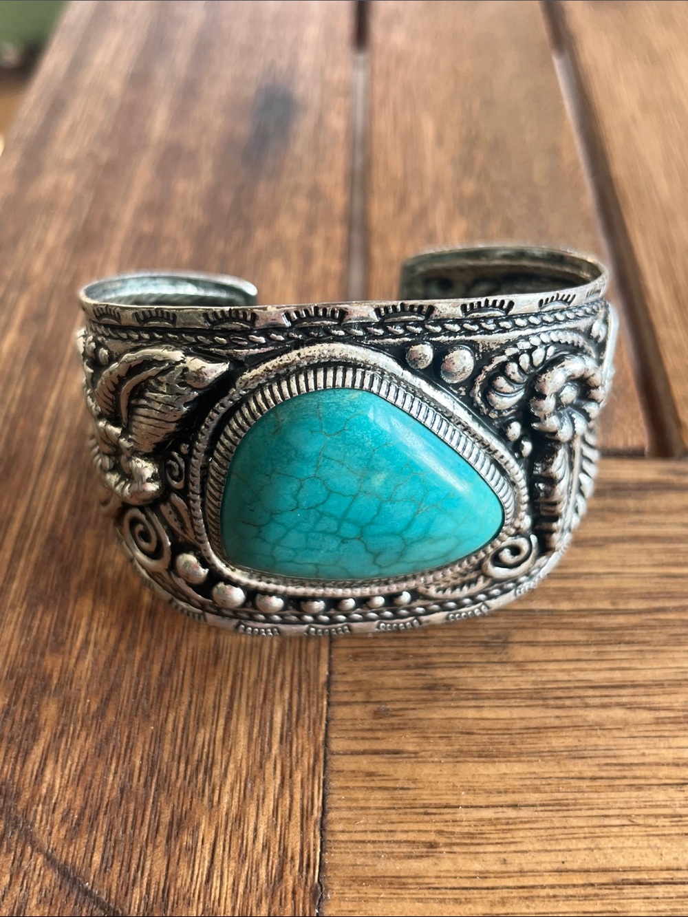 Turquoise Stone Silver-Tone Cuff Bracelet - Women Jewelry